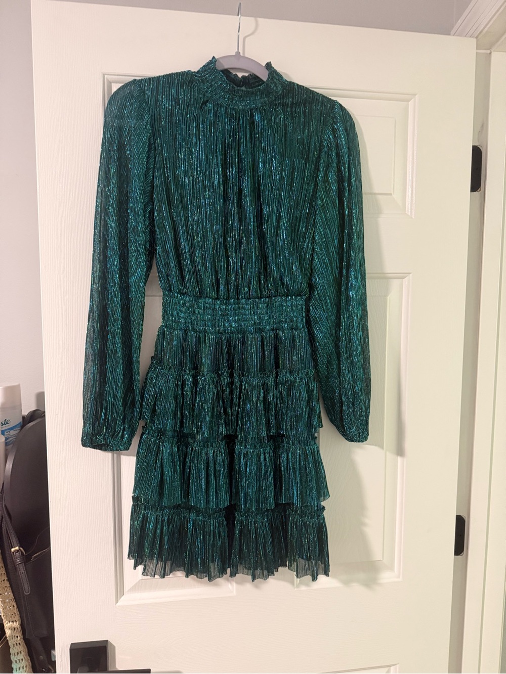 1. State Shimmery Teal Long-Sleeve Tiered Mini Dress